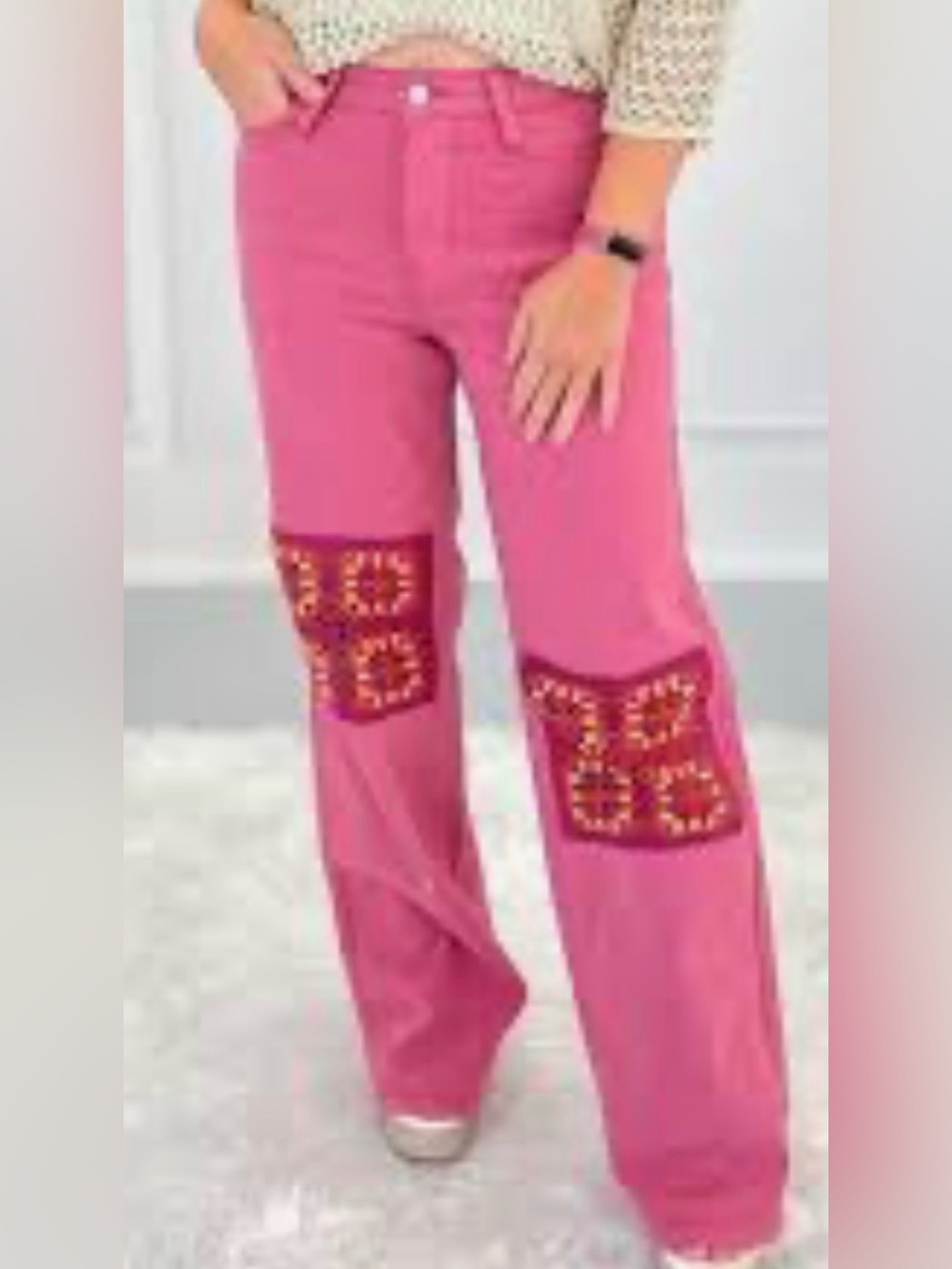 Judy Blue Dusty Pink Flare Jeans with Crochet Knee Patches